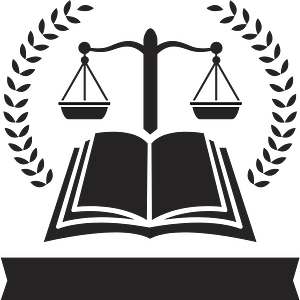 Clip art image of the scales of justice over an open law book.